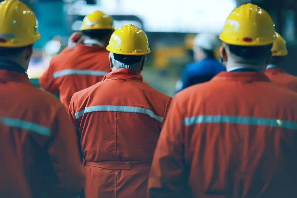 Several workers in orange safety uniforms with reflective stripes and yellow hard hats walking together in an industrial setting.