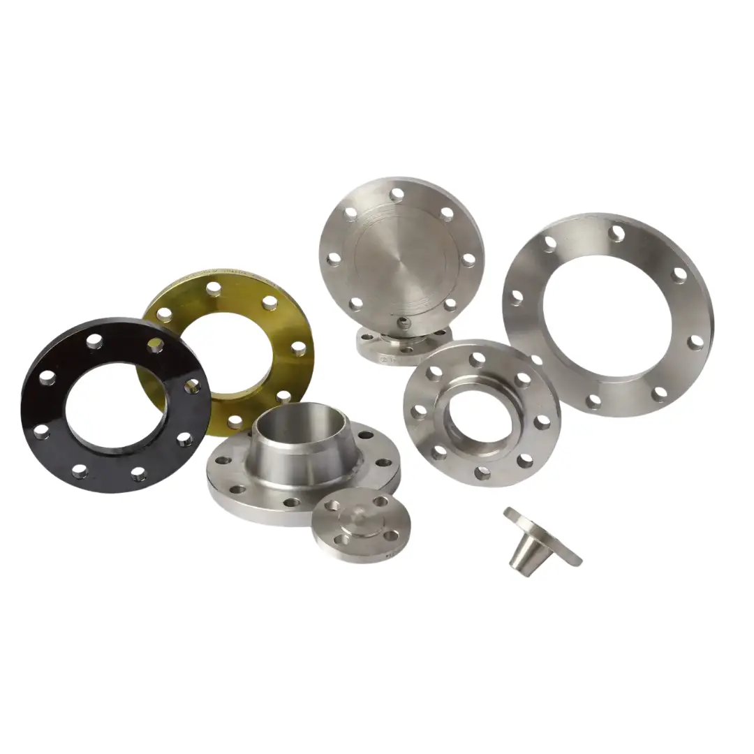 Assorted metallic pipe flanges in different sizes and types, arranged on a white background.