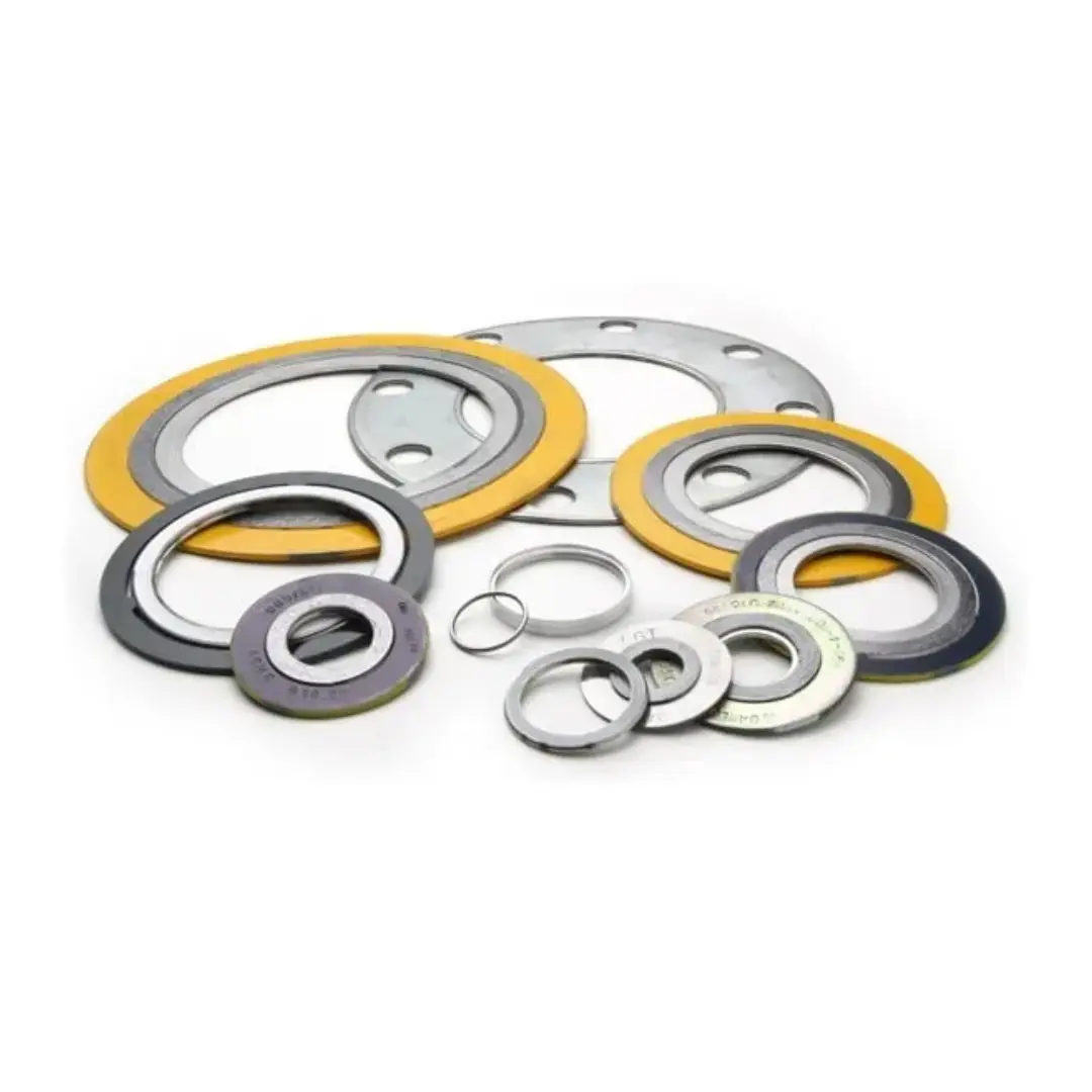 Variety of industrial gaskets and washers, including spiral wound and flat metallic types, displayed in different sizes.<br />
