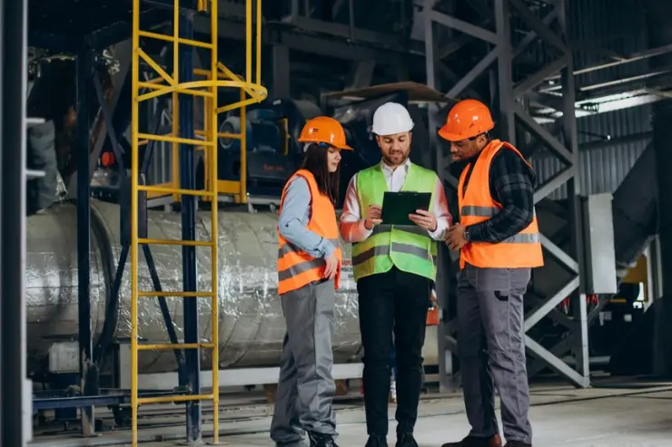 Three workers in hard hats and reflective vests review information on a tablet inside an industrial facility with pipes, beams, and a yellow ladder in the background.