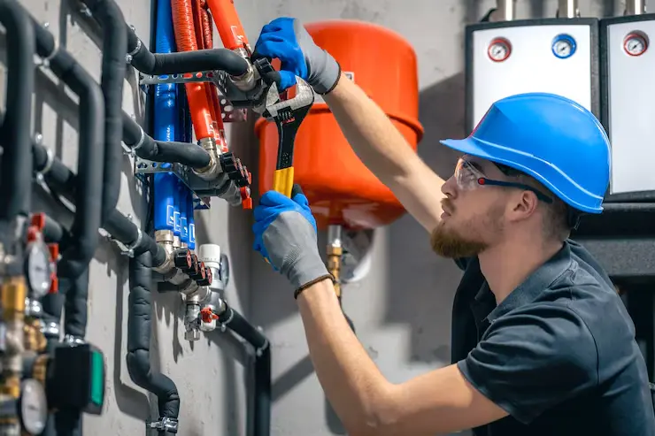 Worker in blue hard hat using wrench on pipe system with valves, gauges, and red tank in background.
