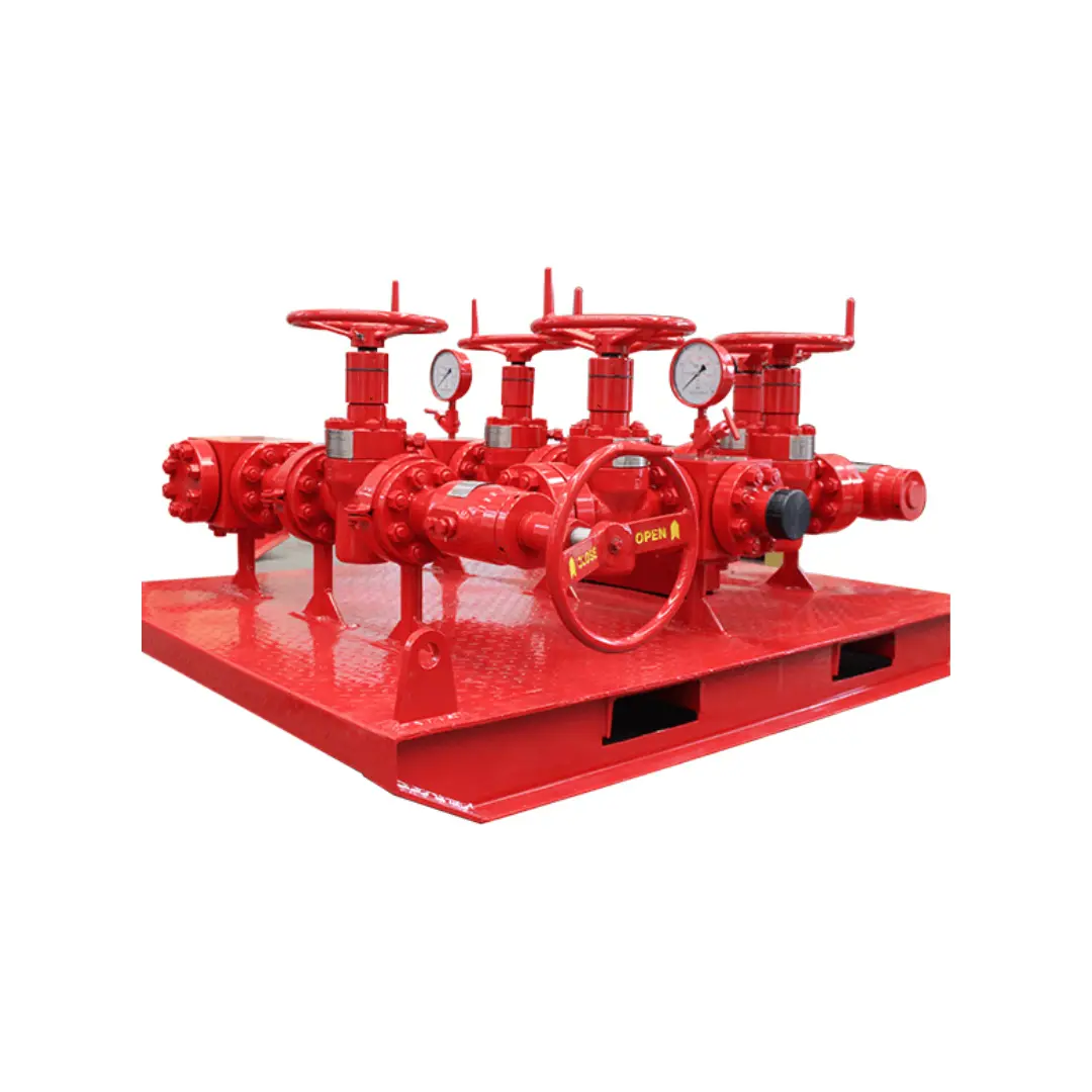  Bright red industrial valve manifold with multiple handwheel valves, pressure gauges, and connecting pipes mounted on a platform.