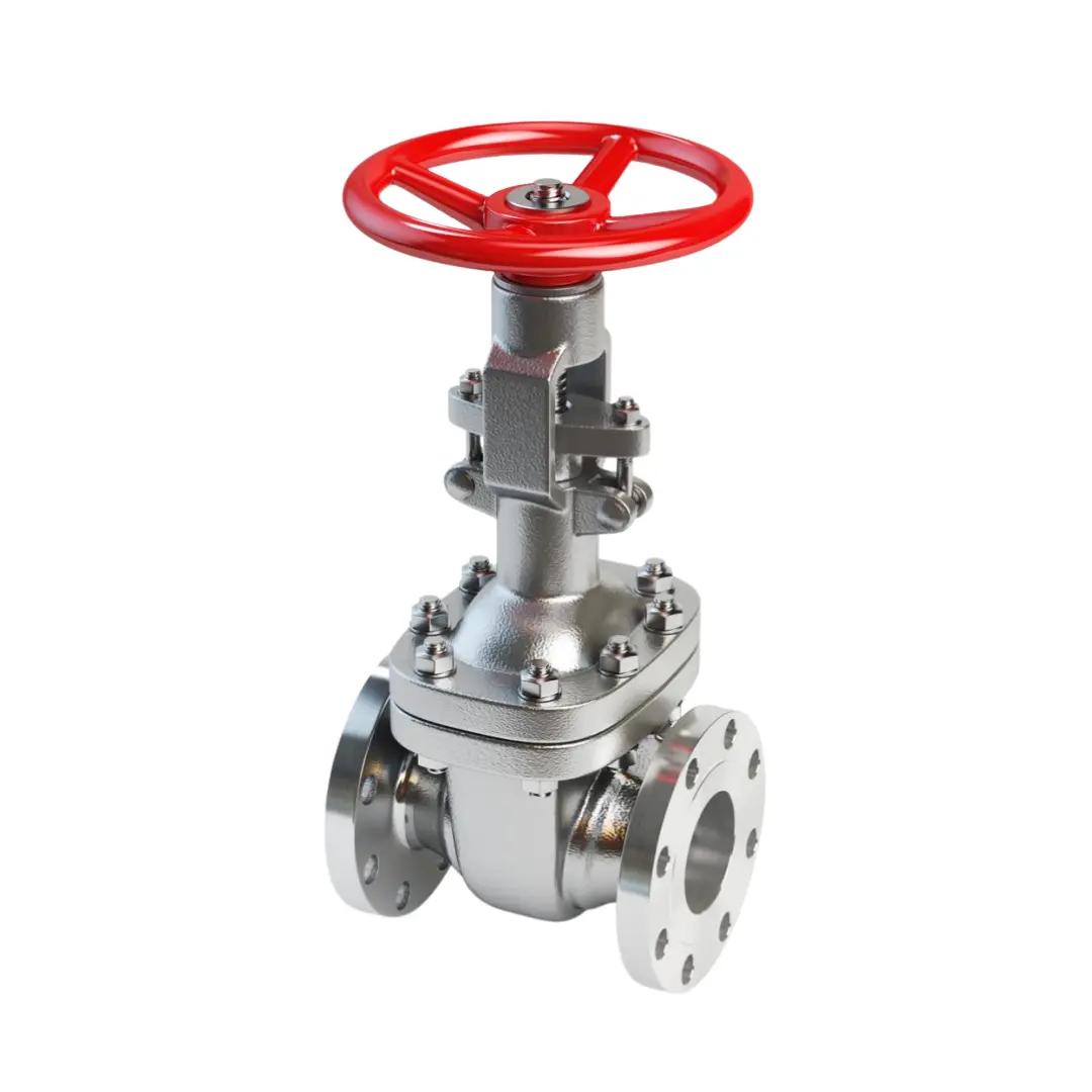 Stainless steel gate valve with flanged ends and a red circular handwheel for manual fluid control.<br />
