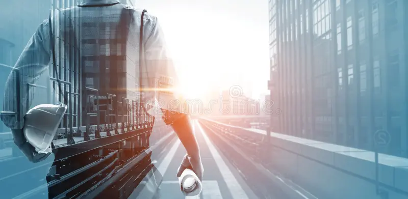 Double exposure of a person in a formal shirt holding a white safety helmet and rolled‑up architectural plans, blended with a cityscape of tall modern buildings and a roadway extending toward a glowing sunrise. The composition symbolizes construction, engineering, and urban development, highlighting themes of progress, planning, and innovation in infrastructure