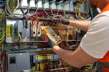 Worker in safety vest and gloves using a digital multimeter to test wiring inside an organized electrical control panel filled with colored wires and components.<br />
