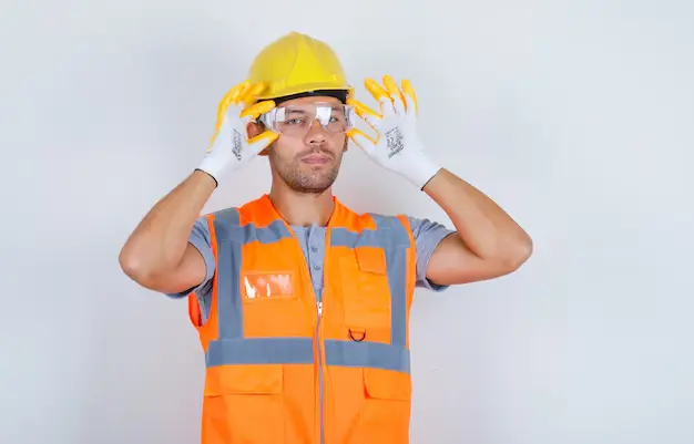 A construction worker wearing a yellow hard hat, orange reflective safety vest with gray stripes, clear protective glasses, and white gloves adjusts the glasses with both hands while standing against a plain light-colored wall, emphasizing proper safety attire in an industrial setting.