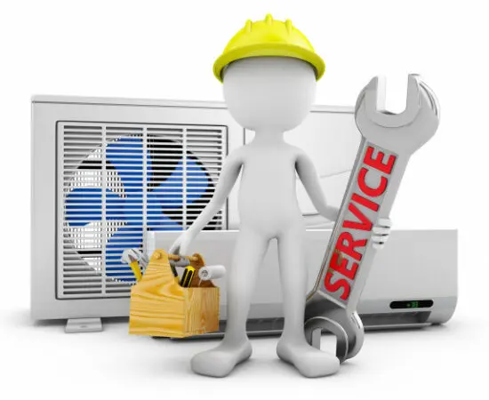 A 3D-rendered figure in a yellow hard hat holds a large wrench labeled “SERVICE” and carries a wooden toolbox filled with tools, standing in front of an air conditioning unit with a visible blue fan.