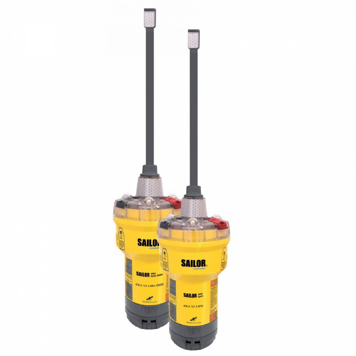 Two identical yellow marine emergency beacons with long black antennas and transparent tops. Each beacon is branded “SAILOR” and displays model information, designed for transmitting distress signals in maritime emergencies.