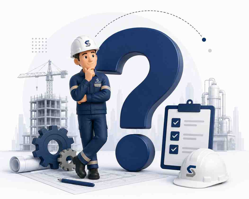 3D illustration of an engineer in a white safety helmet and blue uniform with reflective stripes, standing thoughtfully beside a large blue question mark. Around the character are engineering objects including a blueprint, gears, clipboard with checklist, pen, and another helmet. In the background are silhouettes of a crane, industrial plant, and partially built structure, symbolizing construction, planning, and problem-solving