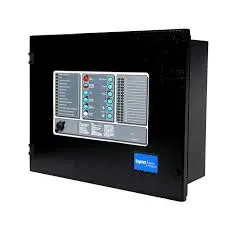Black rectangular fire alarm control panel with multiple labeled LED indicators, buttons, and switches on the front interface. The brand name “Fyreye” is visible in the lower right corner.