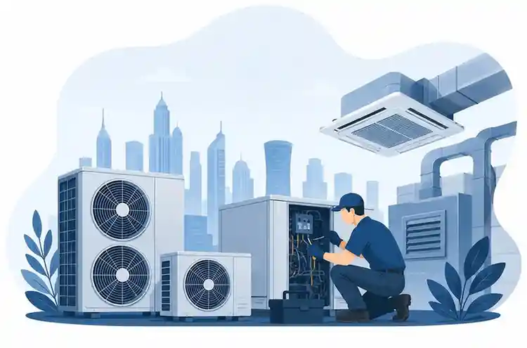 Illustration of a technician kneeling beside outdoor HVAC units, inspecting internal components with tools from a nearby toolbox. Several large air conditioning units with visible fans surround the technician, while a ceiling vent and ductwork appear above. In the background, a city skyline with tall buildings suggests an urban setting, emphasizing HVAC maintenance and repair in modern infrastructure.