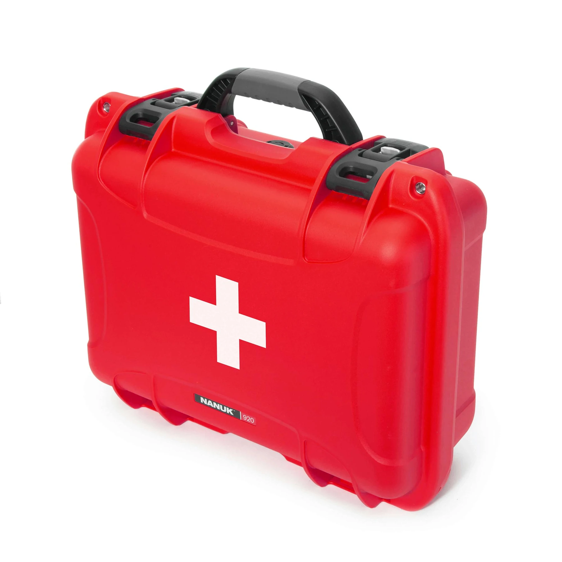 Bright red hard-shell medical case with white cross symbol, black handle, and secure latches. Branded “NANUK 920,” designed for portable emergency supplies.