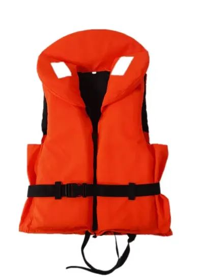Orange life jacket with high collar, shoulder openings, and black adjustable strap with buckle across the front. Additional black straps at the bottom for secure fastening.